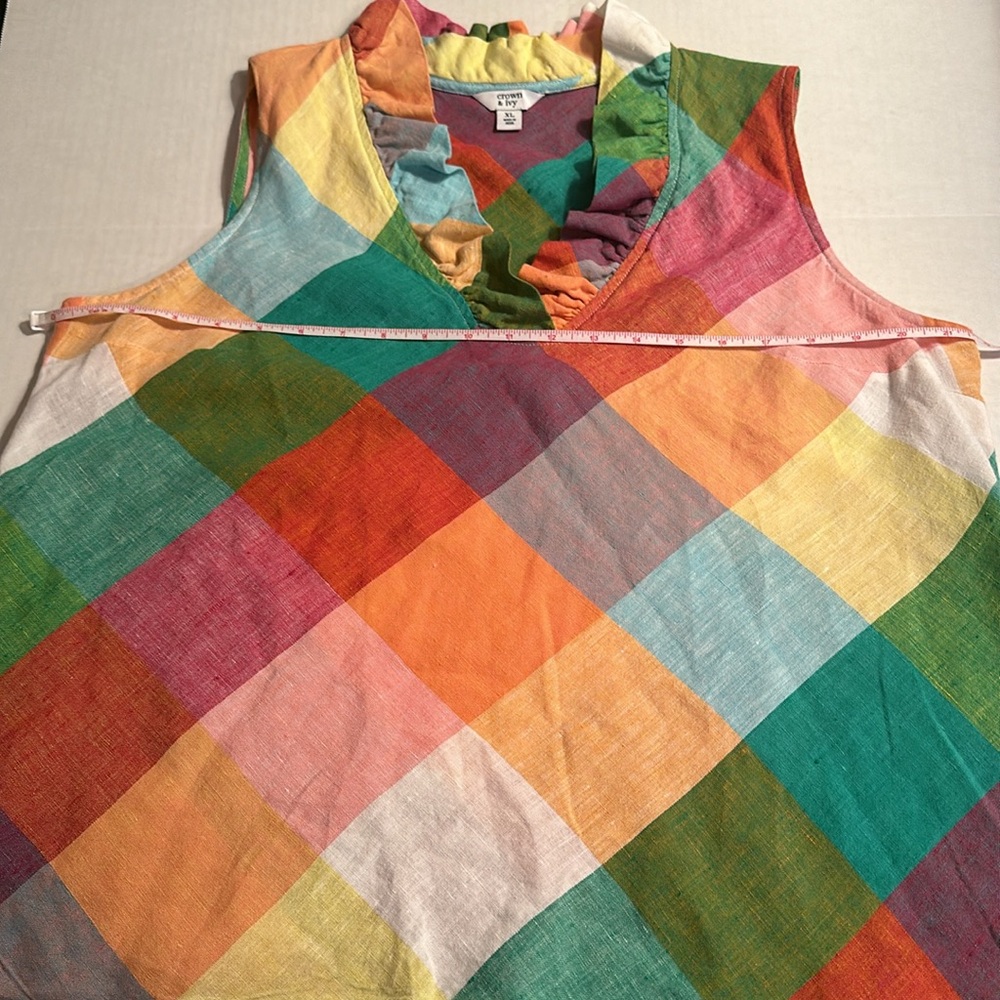 Crown & Ivy Preppy Rainbow Sleeveless Classic Ruffle Neckline Top-XL EUC